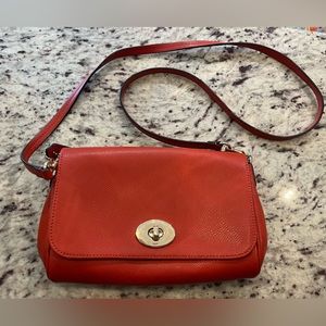 Orange/Red Coach Crossbody with optional gold chain